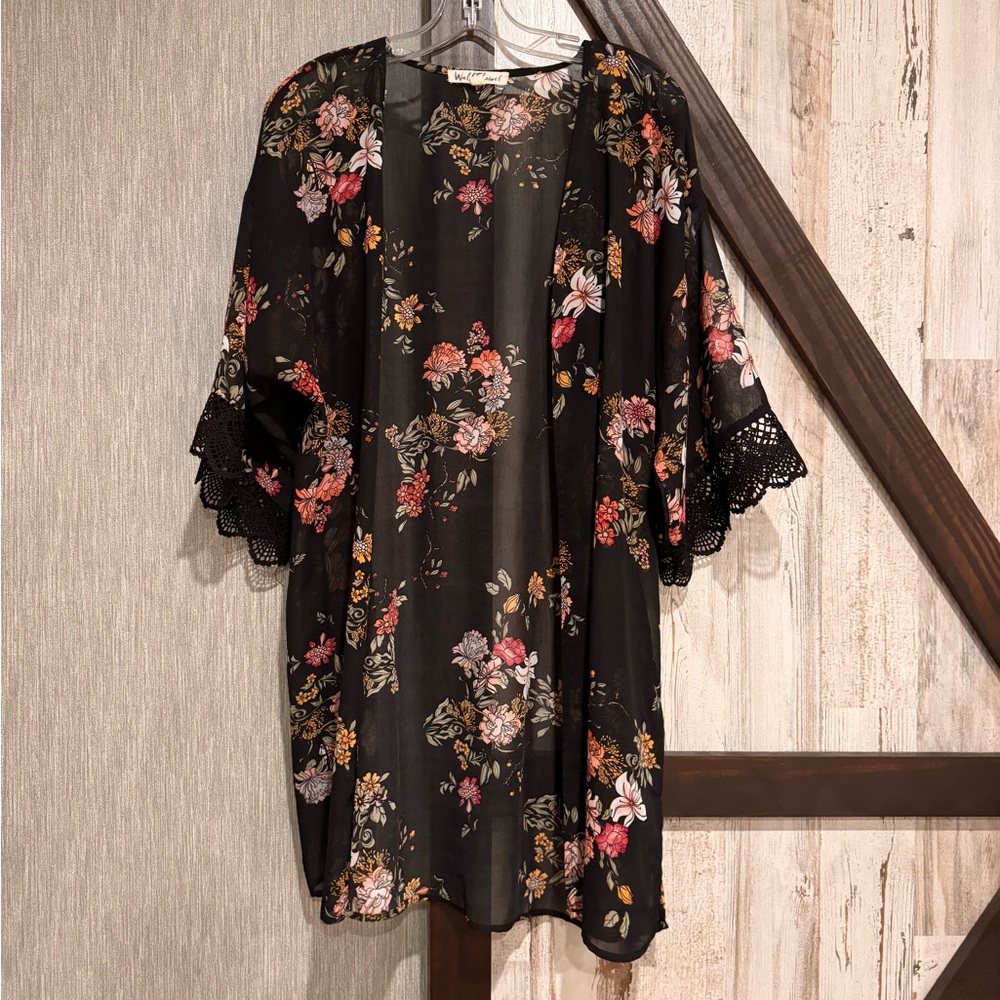 Wallflower Black Floral Top with Lace Sleeves